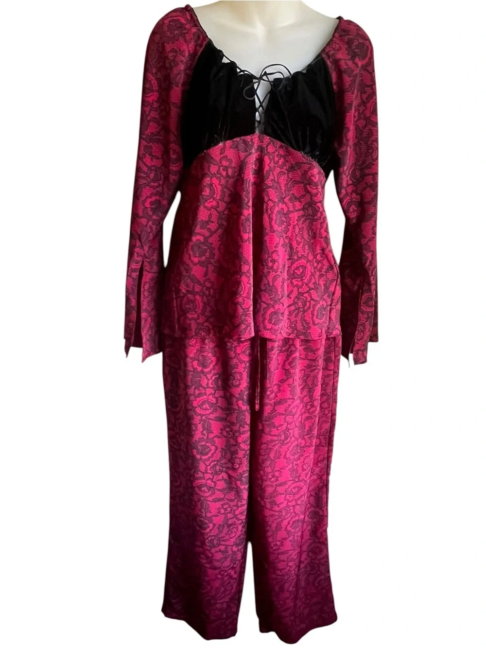 VTG Y2K Mercer & Madison Womens L Lounge Set Pink Black Velvet Floral Whimsigoth
